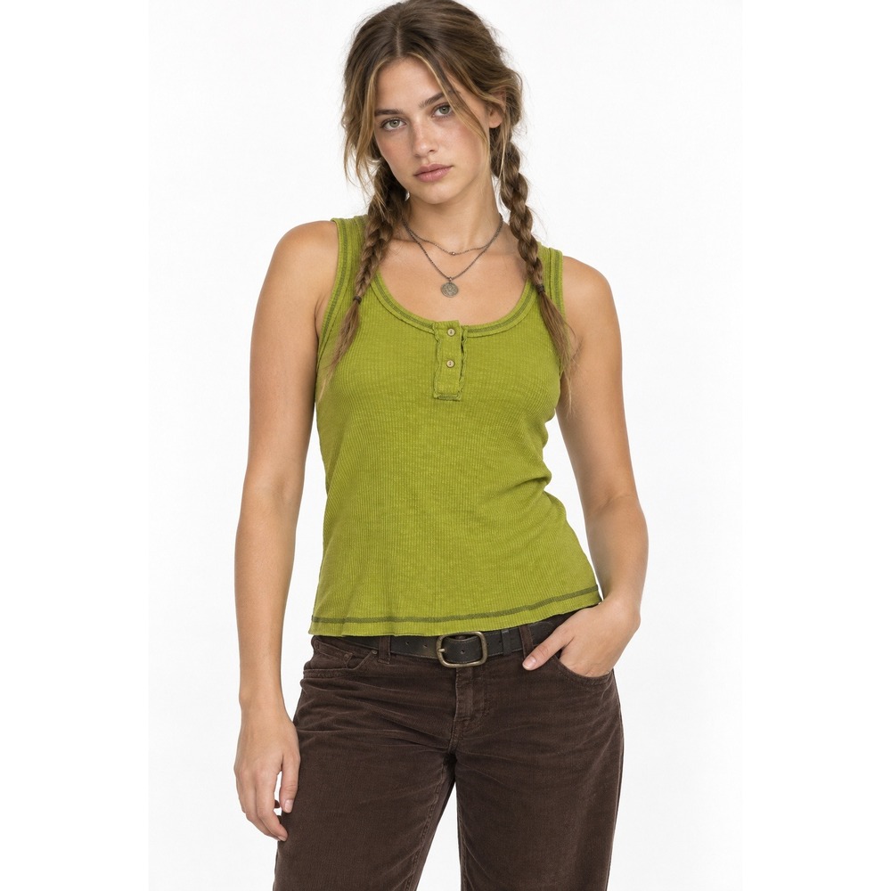Y2K Ribbed Henley Tank Top L Olive Green Button Placket Fitted Indie Earthy